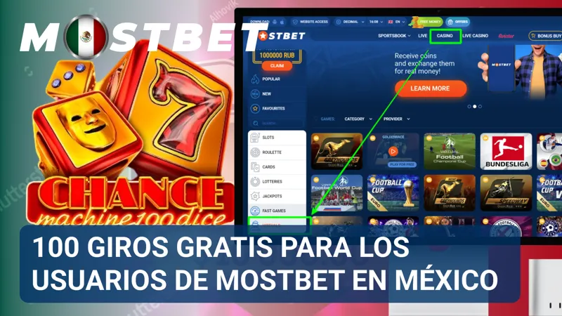 Banner promocional con 100 giros gratis destacados en la página de MostBet para México.