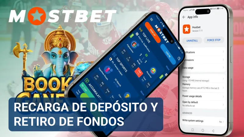 Menú financiero de MostBet en la app con opciones para depósitos y retiros de dinero.