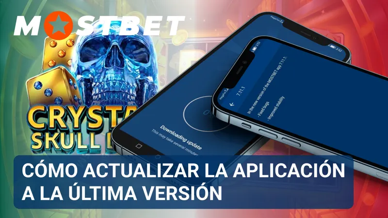 Pantalla de actualización de MostBet con notificación de nueva versión disponible.
