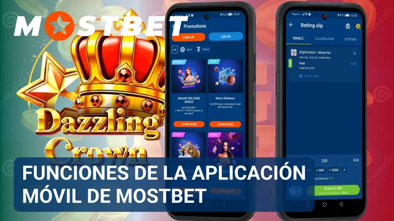 Pantalla de la app de MostBet mostrando apuestas, casino, pagos y configuración de cuenta.