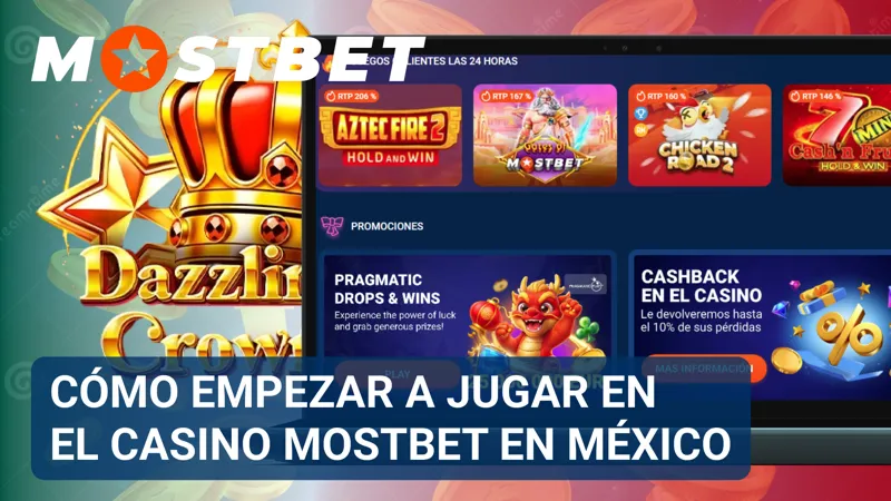 Pantalla de MostBet mostrando el proceso para acceder al casino y comenzar una partida.