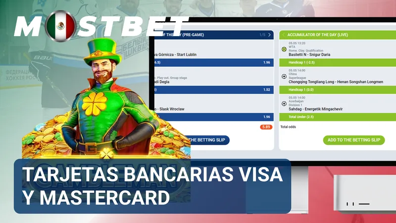 Tarjetas Visa y Mastercard colocadas junto a una pantalla de pago de Mostbet México.