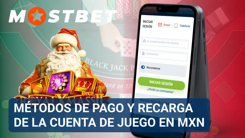 Panel financiero de MostBet con métodos de pago y opciones de recarga en pesos mexicanos.