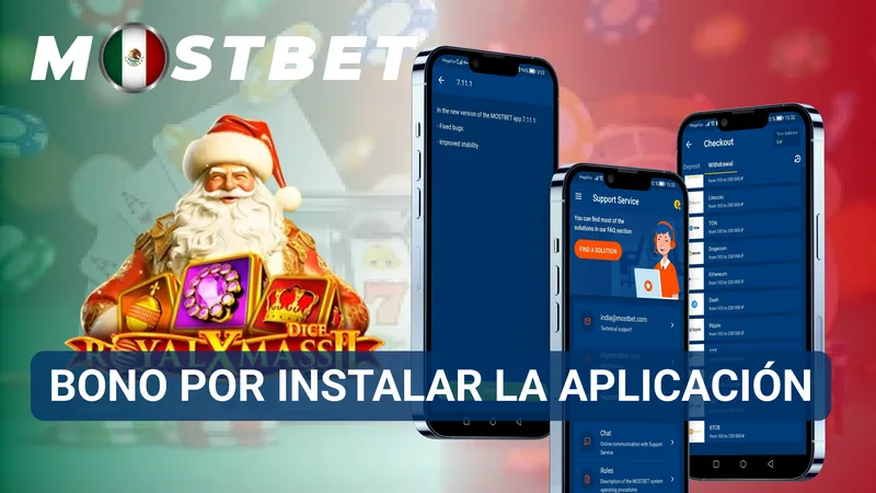 Smartphone con la aplicación de Mostbet México instalada y una oferta de bono visible en la pantalla.
