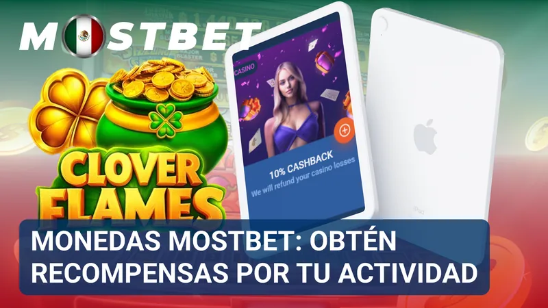 Iconos de monedas virtuales junto a un panel de recompensas de Mostbet México.