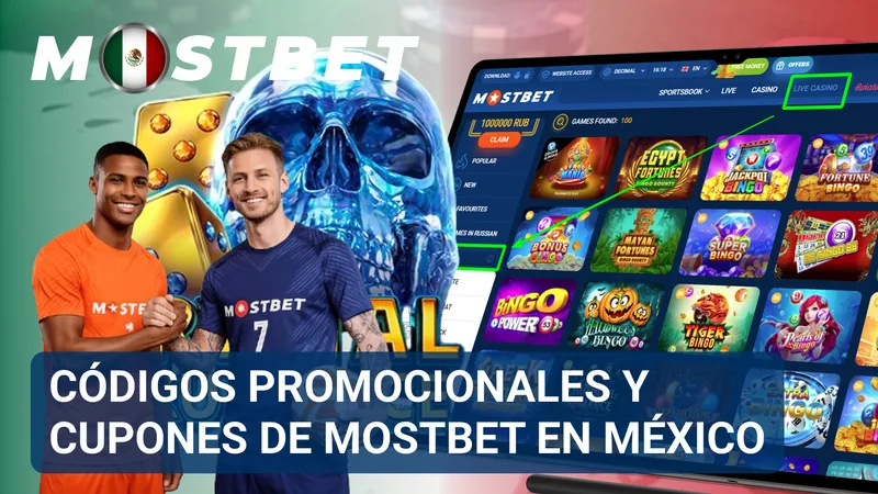 Banner promocional con códigos y cupones disponibles para distintas ofertas de MostBet México.