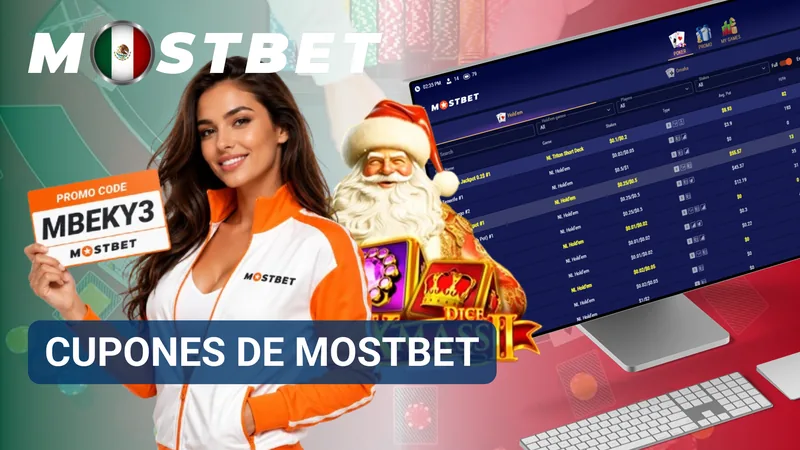 Tarjetas digitales con cupones de MostBet y datos de distintas ofertas promocionales.